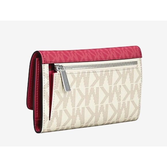 New Michael Kors Jet Set Travel Large Logo Trifold Wallet Dark Raspberry Multi - Picture 3 of 4